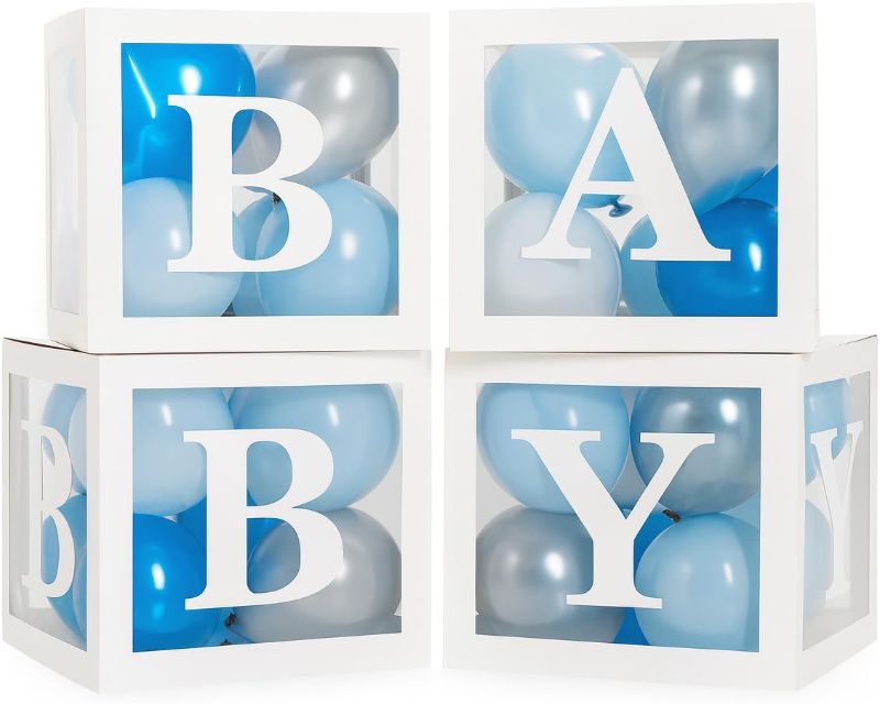 Photo 1 of aby Shower Boxes with Letters – brown Boxes with Blue, Silver & White Balloons – 44-Piece Gender Reveal & Party Decoration Set by Vellax