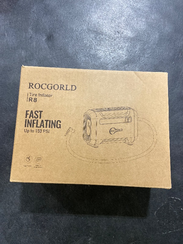 Photo 1 of ROCGORLD R8 Tire Inflator Portable Air Compressor, DC 12V Air Compressor Portable with Large Dual Digital Screen, 3X Faster Inflation Air Pump for Car, Bike, Ball, Motor