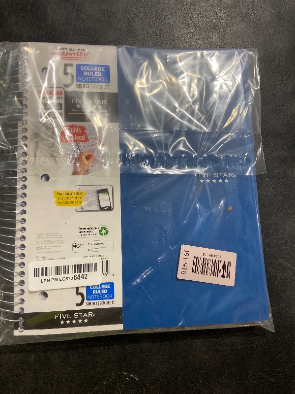 Photo 1 of Five Star Spiral Notebook + Study App, 5 Subject, College Ruled Paper, 8-1/2" x 11", 200 Sheets, Fights Ink Bleed, Water Resistant Cover, Pacific Blue (73635)