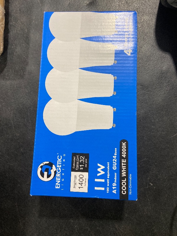 Photo 1 of Energetic LED GU24 Light Bulb, A19 Shape 100 Watt Equivalent (11W), 4000K Cool White, 1400 Lumens High Output, Non-Dimmable, 2 Pin LED Light Bulb, ETL Listed, 4 Packs