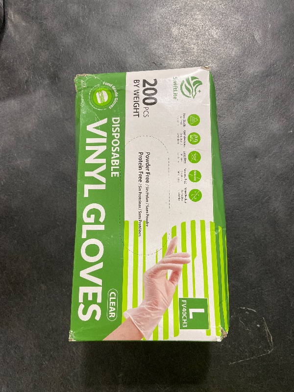 Photo 1 of SWIFTLITE Disposable Vinyl Gloves, Food Safe, Latex-Free Powder-Free Clear Plastic Gloves for Cooking, House Clean, Food Prep (200, Large)