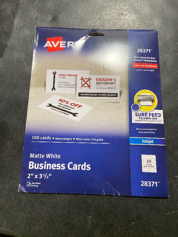 Photo 1 of Avery Printable Business Cards with Sure Feed Technology, 2" x 3.5", White, 100 Blank Business Cards, Inkjet Printer Paper (28371)