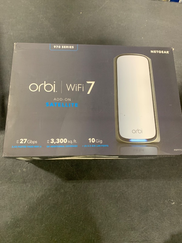 Photo 1 of NETGEAR Orbi 970 Series (RBE970) Quad-Band WiFi 7 Mesh Add-on Satellite - Works with Existing 970 Series (973/972/971S), Security Features, Covers up to 3,300 sq. ft., BE27000 802.11be