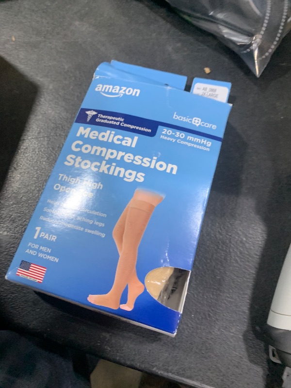 Photo 1 of Amazon Basic Care Medical Compression Stockings, 20-30 mmHg Support, Women & Men Thigh Length Hose, Open Toe, Beige, 2X-Large (Previously NuVein)