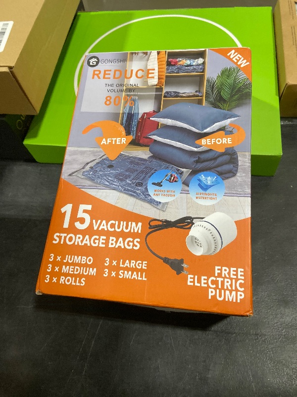 Photo 1 of 15 Pack Vacuum Storage Bags with Electric Pump (3 Jumbo, 3 Large, 3 Medium, 3 Small, 3 Roll Up), Plastic Packaging Bags,Space Saver Sealer Bag for Blankets, Comforters, Pillows, Clothes Storage