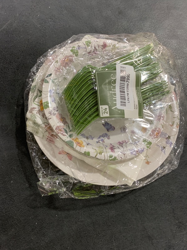 Photo 1 of Audree 96 Pcs Wildflower Party Supplies, 24 set Disposable Paper Plates and Napkins for Party Baby Shower, Wedding, Birthday, Perfect for Guests Set Dinner and Dessert Plates, Napkins, Plastic Forks