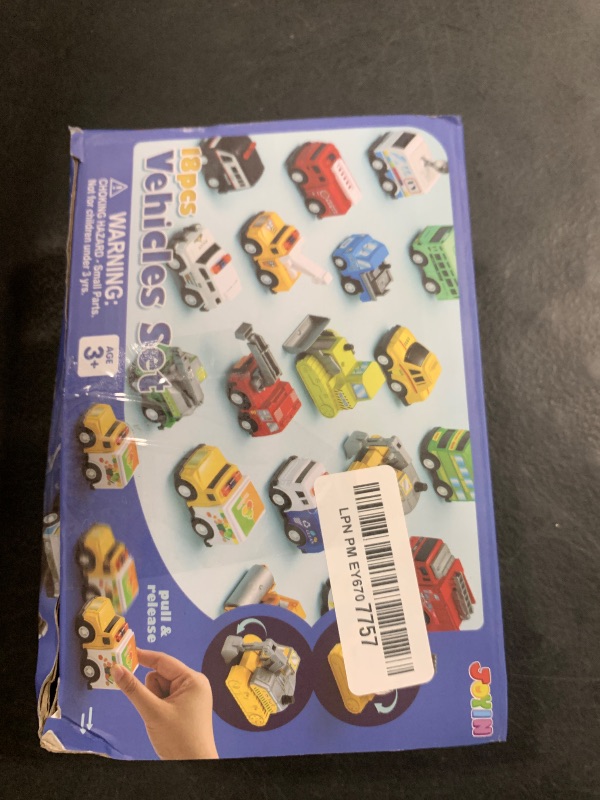 Photo 1 of JOYIN 18 Pcs Pull Back City Cars and Trucks Toy Vehicles Set, Friction Powered Cars Toys for Toddlers, Boys, Girls’ Educational Play, Kids Stocking Stuffers, Treasure Box Gifts for Classroom