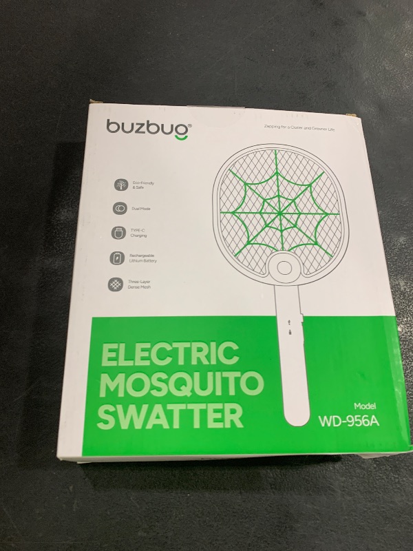 Photo 1 of Buzbug Electric Fly Swatter, Type-C Rechargeable Mosquito Swatter, Foldable, Dual Handheld and Auto Zap Mode, 3800V Powerful Instant Bug Zapper Racket, Mosquito Bat for Indoor Outdoor Camping -WD956A