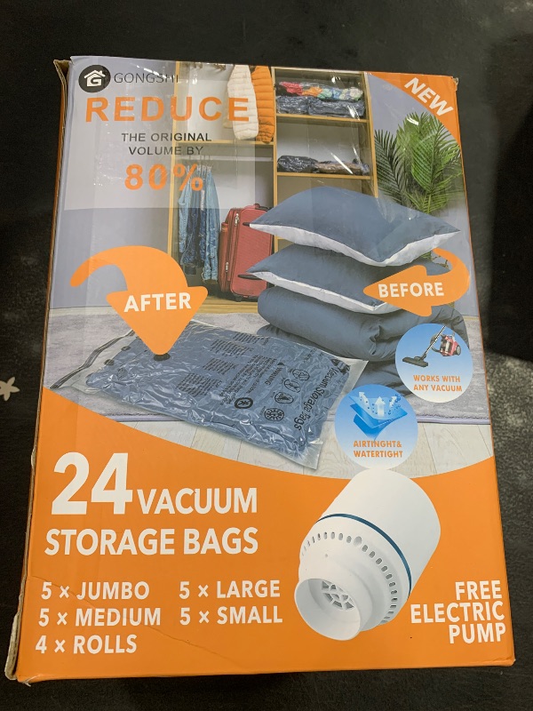 Photo 1 of 24 Pack Vacuum Storage Bags with Electric Pump, (5 Jumbo, 5 Large, 5 Medium, 5 Small, 4 Roll Up Bags) Space Saver Bag for Clothes, Mattress, Blanket, Duvets, Pillows, Comforters,Travel