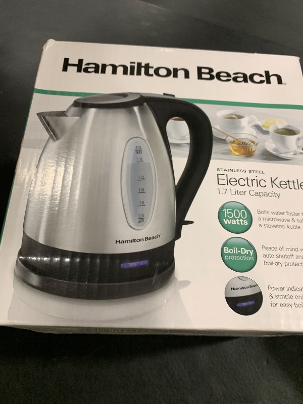 Photo 1 of Hamilton Beach Electric Tea Kettle, Water Boiler & Heater, 1.7 Liter, Cordless Serving, 1500 Watts for Fast Boiling, Auto-Shutoff and Boil-Dry Protection, Stainless Steel (40880)