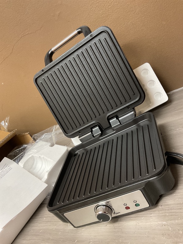 Photo 1 of MONXOOK Panini Press Sandwich Maker, 4 Slices Panini Grill Non-Stick Coated Plates, Panini Makers with Temperature Control, Opens 180 Degrees, Removable Drip Tray, 1400W, Stainless Steel