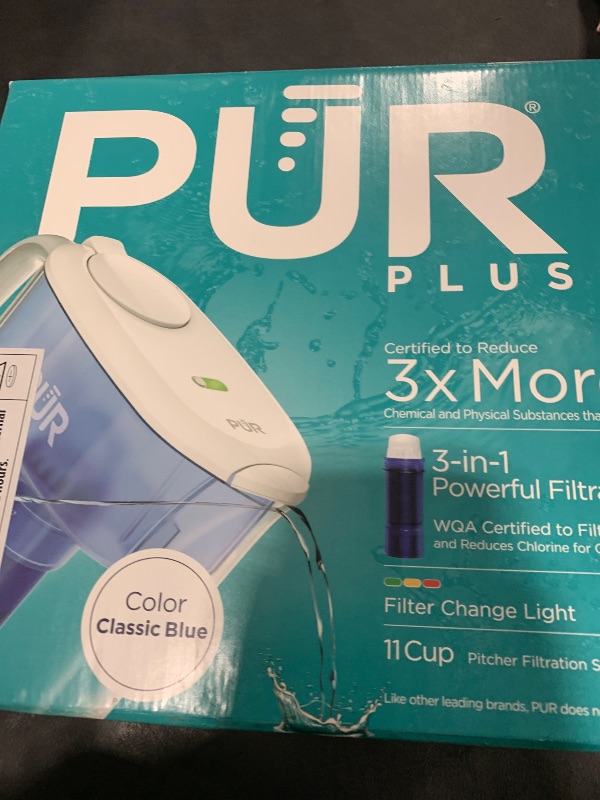 Photo 1 of PUR Plus 11-Cup Water Pitcher, 1 Lead-Reducing Filter, Cleaner, Great-tasting Water, Dishwasher Safe, Powerful Filtration, Filter Change Light Indicator, LockFit Cap Design - White