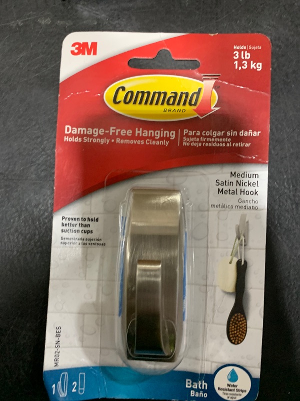 Photo 1 of Command Modern Reflections Metal Bath Hook, Medium, Satin Nickel, 1-Hook with Water-Resistant Strips (MR02-SN-BES), Organize your dorm