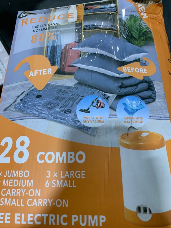 Photo 1 of 28 Pack Vacuum Storage Bags with Electric Pump, Plastic Packaging Bags,Space Saver Bag for Clothes, Mattress, Blanket, Duvets, Pillows, Comforters, Travel