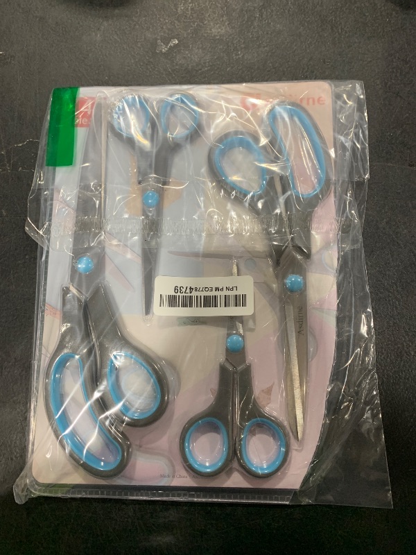 Photo 1 of Asdirne Scissors Set of 4, Premium Stainless Steel Razor Blades, Ergonomic Semi-Soft Rubber Grip, Suitable for School, Office and Family Daily Use, 9.6''/8.5''/6.4"/5.4", Blue&Gray