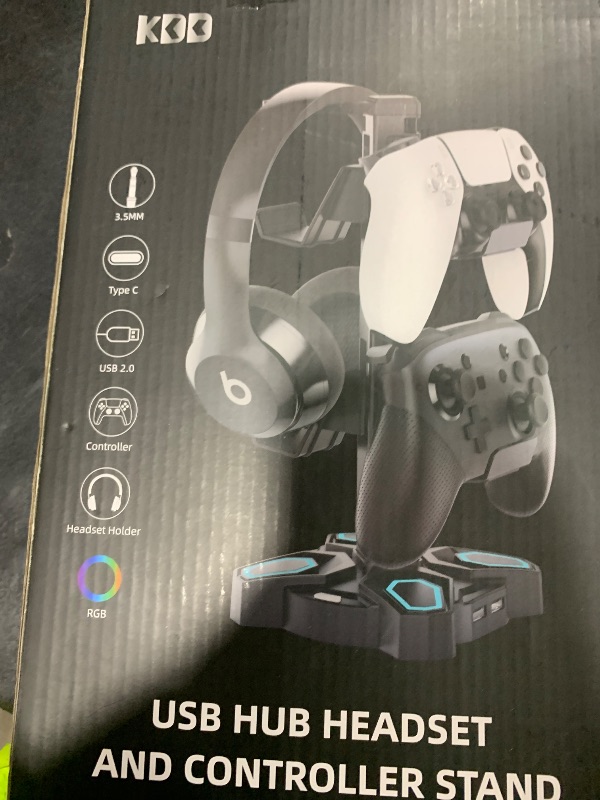 Photo 1 of KDD Gaming Headphones Stand, Rotatable Headset Stand with Light Modes - Controller Holder with 2 USB Charging Ports and 3.5mm - Earphone Hanger Accessories for Desktop Gamer(White)