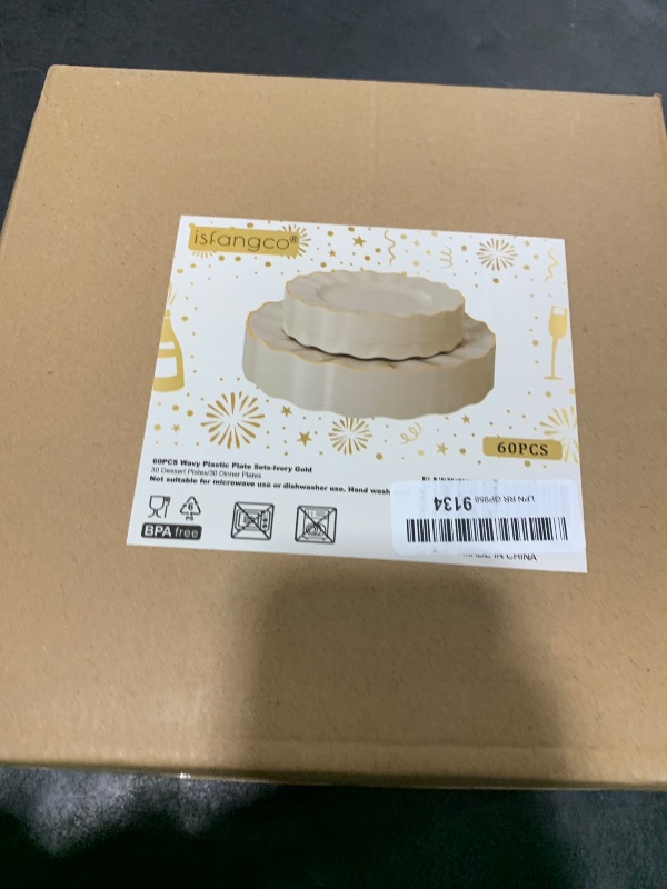 Photo 1 of ISFANGCO 60Pcs Heavy Weight Ivory Plastic Plates with Gold Trim, Heavy Duty Wedding Plates, Elegant Disposable Plate Sets include 30 10" Dinner & 30 7" Dessert Plates for Party & Wedding(30 Guests)