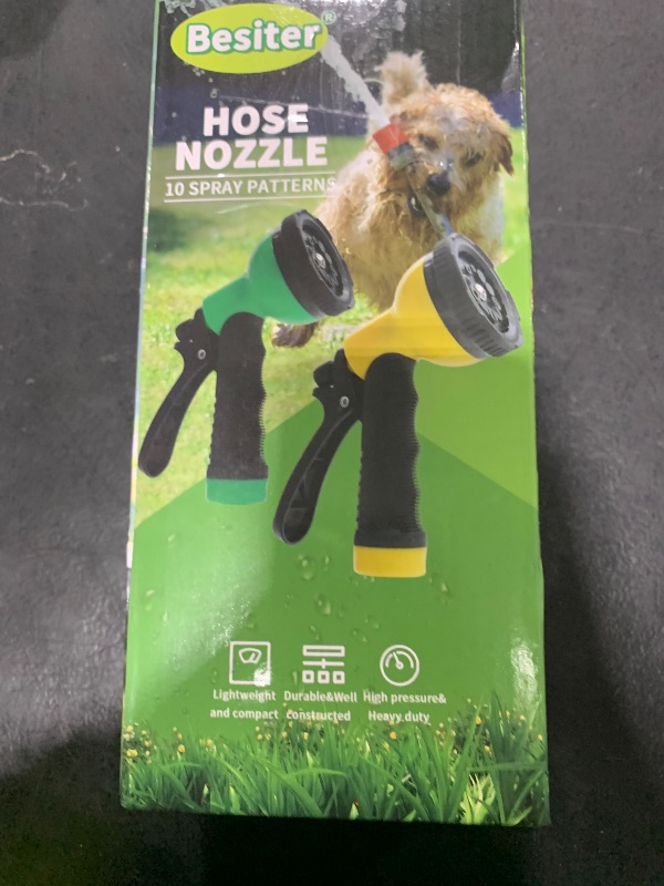 Photo 1 of Besiter Garden Hose Nozzle Sprayer: 2 Pack 10 Watering Patterns Water Hose Spray Nozzles for Garden Hose Heavy Duty Hose Head Hose Attachment for Garden Hose YellowGreen