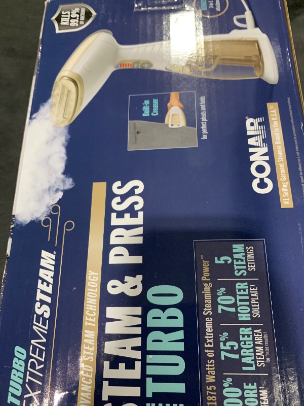 Photo 1 of Conair Handheld Garment Steamer for Clothes, Turbo ExtremeSteam 1875W Fabric Steamer, Portable Handheld Design, Strong Penetrating Steam, White/Champagne