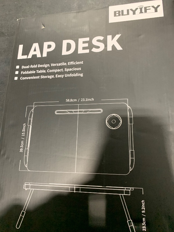 Photo 1 of BUYIFY Portable Foldable Laptop Desk for Bed and Couch, Adjustable Lap Desk with Cup Holder and Phone Holder, Ideal for Working, Reading, Writing, and Breakfast (Black)