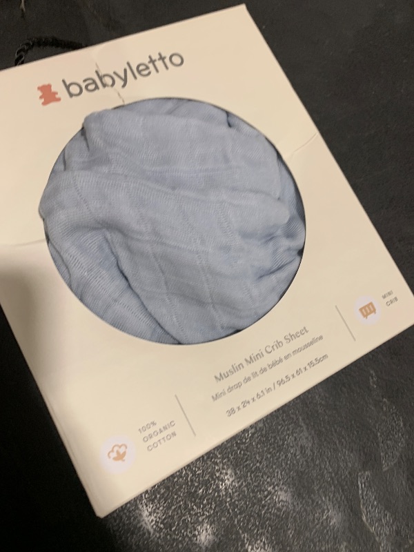 Photo 1 of Babyletto 100% Organic Cotton Mini Crib Sheet, GOTS-Certified, Fitted 360°, Ultra-Soft and Breathable Muslin - Dewdrop Blue