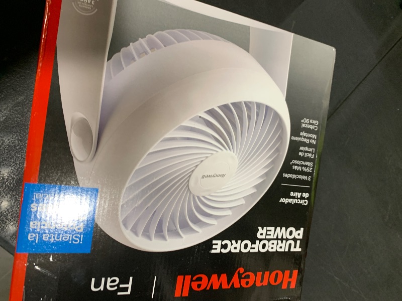 Photo 1 of Honeywell TurboForce Air Circulator, Small Tabletop Fan, Quiet Personal Fan for Home or Office, 3 Speeds, 90 Degree Pivoting Head, White, HT-904