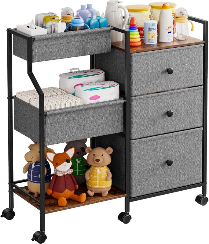 Photo 1 of Baby Diaper Caddy Organizer and Storage - 3 Tier Rolling Cart with Dividers and Drawers, Easy To Assemble, Mobile Utility Cart with Wheels for Nursery, Bedroom, Changing Table & Crib