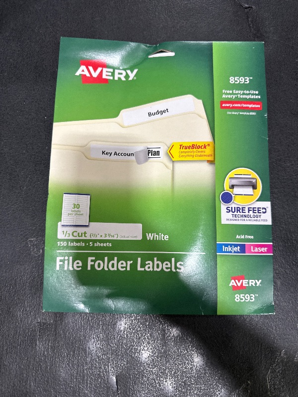 Photo 1 of Avery File Folder Labels with TrueBlock Technology, Permanent Adhesive, 2/3" x 3-7/16", Laser/Inkjet, 150 Labels (08593)