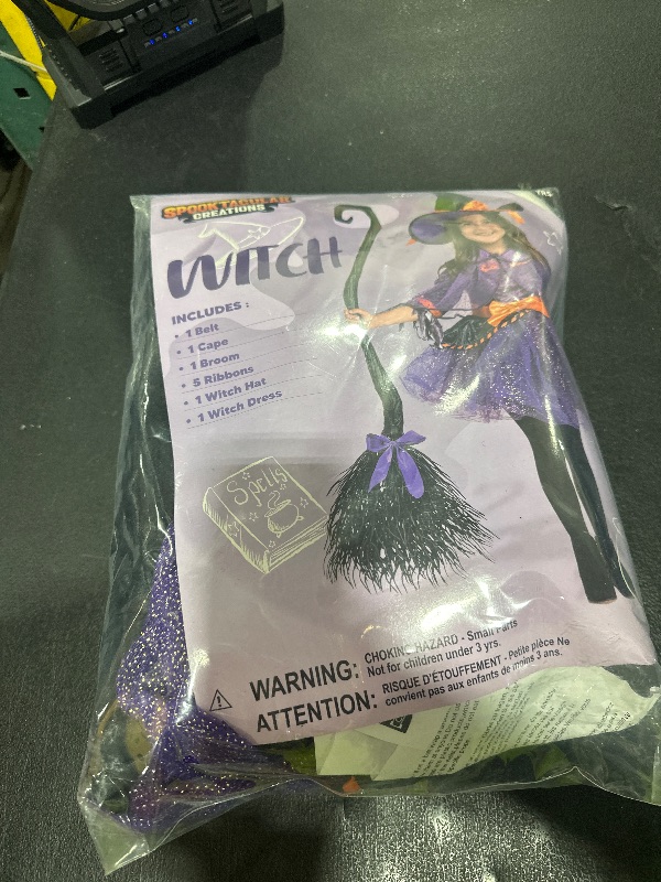 Photo 1 of Spooktacular Creations Child Girl Orange Purple Witch Costume, Toddler Witch Outfit Set with Broom for Kids Halloween Dress Up Parties (Large(10-12 yr))