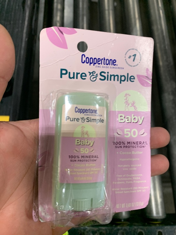 Photo 1 of Coppertone Pure and Simple Baby Sunscreen Stick SPF 50, Zinc Oxide Mineral Sunscreen for Baby, Body and Face, 0.49 Oz Stick