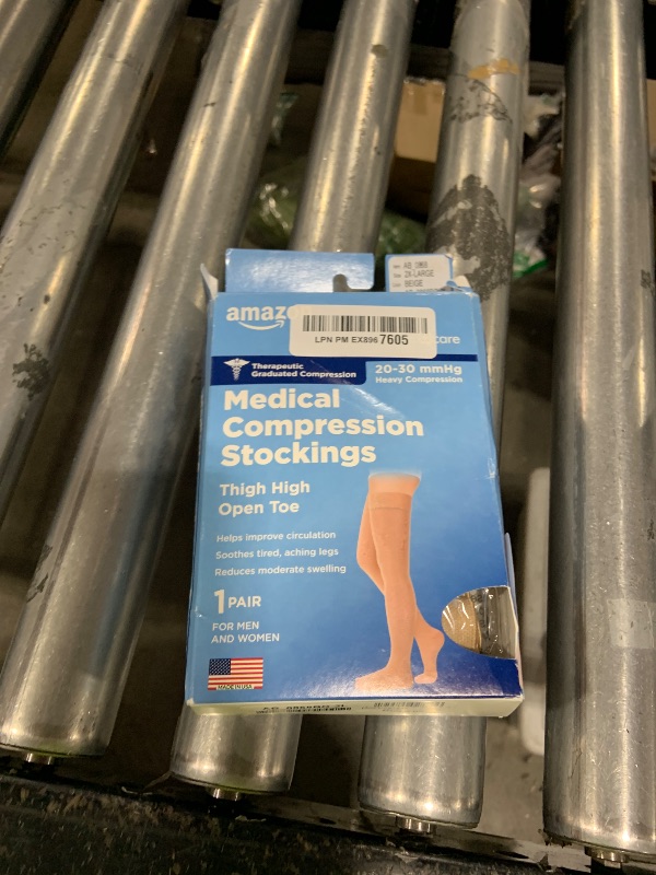 Photo 1 of Amazon Basic Care Medical Compression Stockings, 20-30 mmHg Support, Women & Men Thigh Length Hose, Open Toe, Beige, 2X-Large (Previously NuVein)