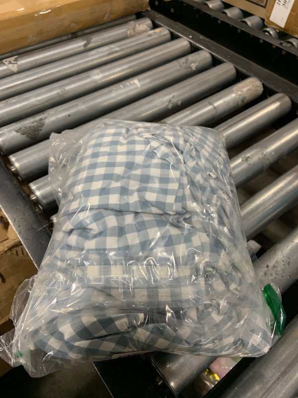 Photo 1 of K MASANIJI Dust Blue White Plaid Ruffled Table Cloth Rectangular for Seat 8-10, 100% Washed Cotton Buffet Cottage Coquette Checker Gingham Vintage Decorative Tablecloth - 120"x60"