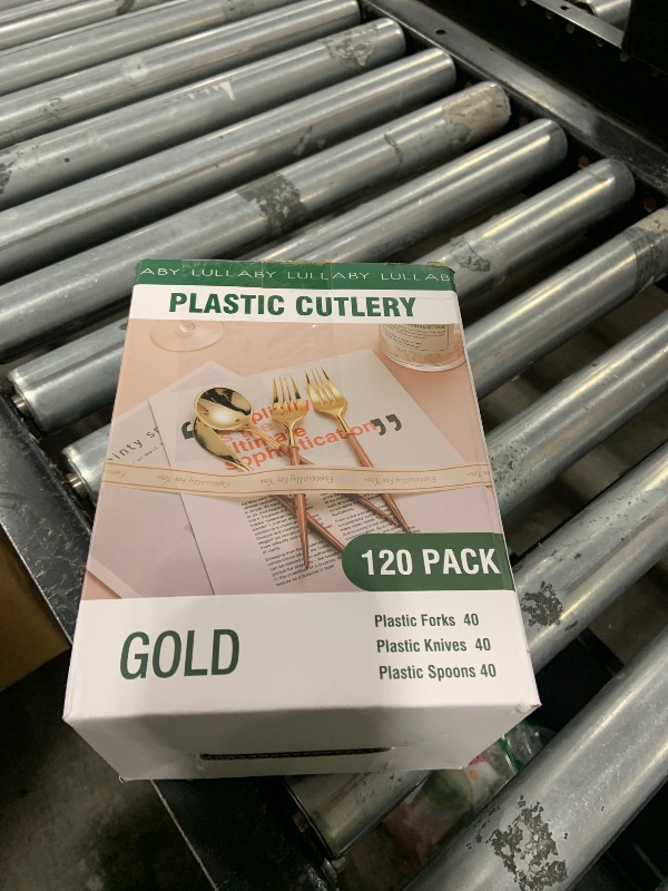 Photo 1 of Lullaby 120PCS Gold Plastic Silverware, Gold Disposable Cutlery with Wood Grain Handle Include 40 Forks, 40 Spoons, 40 Knives, Elegant Disposable Silverware for Wedding, Party, Gathering, Daily Use