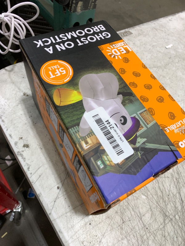 Photo 1 of 5FT Halloween Inflatables Ghost Outdoor Decorations Cute Ghost Sitting on Broom with Built-in LEDs, Blow Up Yard Decorations for Halloween Outdoor Yard Garden Lawn Party Decor