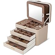 Photo 1 of KAMIER Jewelry Organizer Box, 4 Layer Jewelry Organizer with Mirror, 3 Drawers, Large Jewelry Box for Bracelets, Earrings, Rings, Necklaces, Mothers Day Gifts for Loved One, Beige
