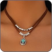 Photo 1 of Boho Necklaces for Women Western Jewelry for Women Cowboy Cowgirl Accessories Vintage Leather Necklace with Star Cactus Beads Coin Hat Pendant Necklace Turquoise Jewelry
