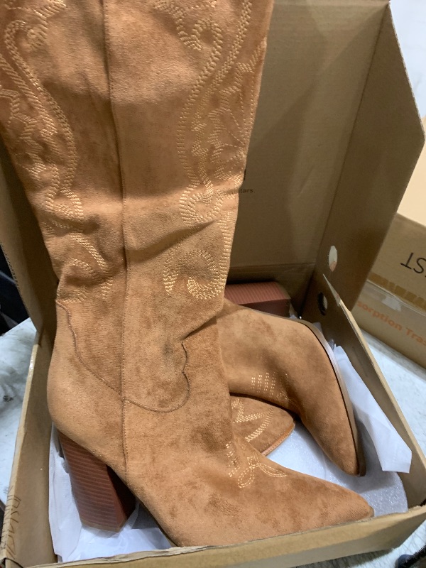 Photo 1 of VOMIRA Knee High Cowboy Boots Suede Boots for Women Pointed Toe Chunky High Heels Pull-on Embroidered Boots Western Boots Wide Calf Cowgirl Boots 9