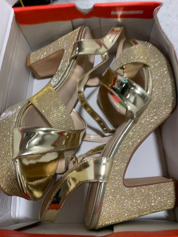Photo 1 of hingswink Womens Sparkly Gold Platform Dress Sandals for Women Chunky Block Heel 3.8 Inch High Heels Open Toe with Strap for Women Comfortable Sexy Dressy Prom Wedding Party Evening Shoes, gold8.5
