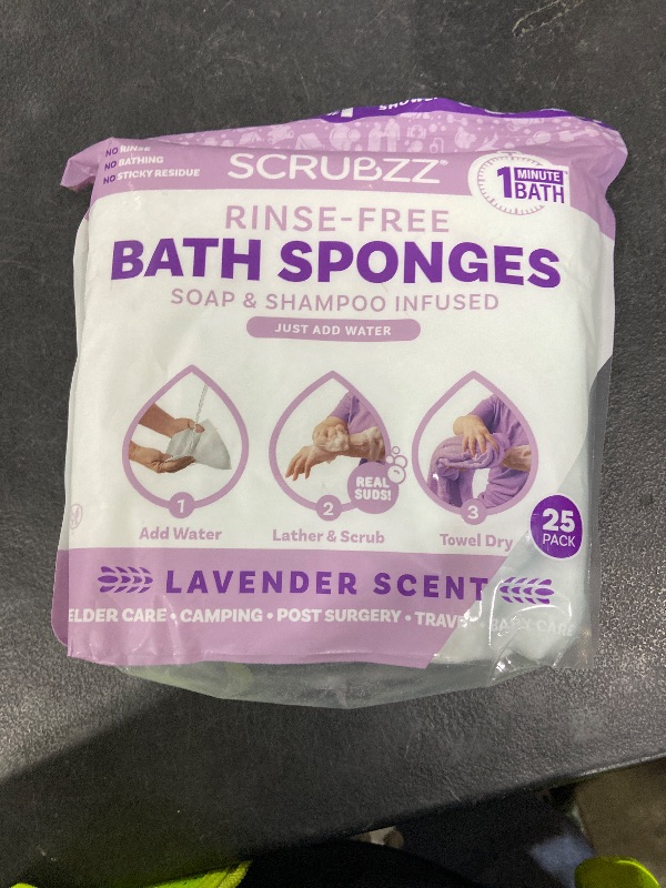 Photo 1 of Scrubzz Disposable No Rinse Bathing Wipes - 25 Pack - All-in-1 Single Use Shower Wipes, Simply Dampen, Lather, and Dry Without Shampoo or Rinsing (Lavender, 1-Pack)