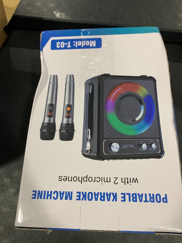 Photo 1 of VOSOCO Karaoke Machine, Portable Bluetooth Karaoke Speaker with 2 Wireless Microphones, PA System for Adults Kids with LED Lights, Supports FM/AUX/USB/TF for Home Party