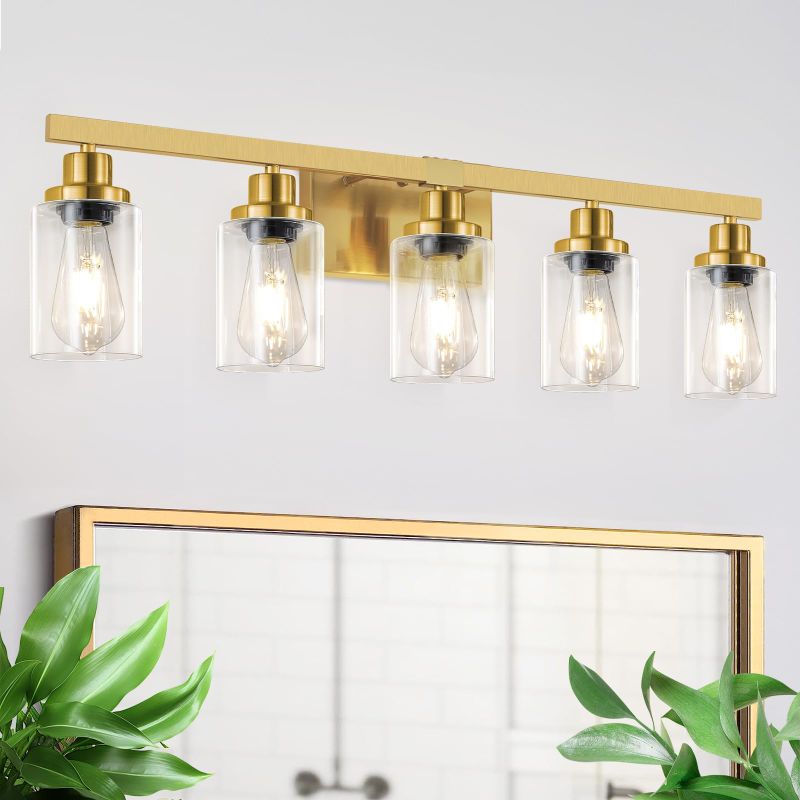 Photo 1 of DIKAIDA 5 Light Gold Bathroom Vanity Light, Bathroom Light Fixtures, 31" Modern Brushed Gold Vanity Lighting Fixtures for Bathroom Over Mirror, Gold Sconces Wall Lighting for Bedroom