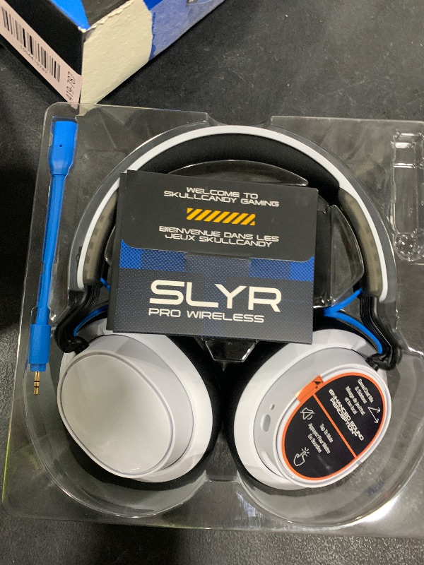 Photo 1 of Skullcandy SLYR Pro Wireless Multi-Platform Gaming Headset, Bluetooth Headphones, Up to 24 Hrs Battery, PC, PlayStation, Nintendo Switch, 2.4GHz Low Latency Wireless Transmitter Included - White/Blue