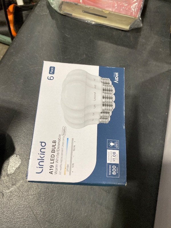 Photo 1 of Linkind A19 LED Light Bulbs Dimmable, 60W Equivalent, 2700K Soft White, 9.5W 800 Lumens, E26 Standard Base, UL Listed, Lighting for Bedroom Living Room Home Office, 6 Packs