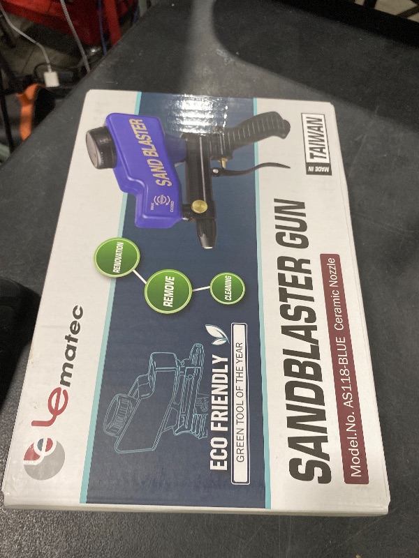 Photo 1 of LE LEMATEC Gravity Feed Sandblaster Gun Kit, AS118 - for Light-Duty DIY Projects, Spot Cleaning, and Surface Finishing on Metal & Wood. Requires 7 SCFM Air Compressor & #46-100 Grit Abrasive Media.