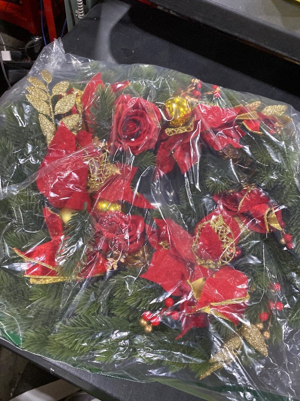 Photo 1 of Christmas Wreaths for Front Door,Winter Wreaths for Indoor and Outdoor Christmas Decorations,Christmas Door Wreath with Red Christmas Flowers and Golden Ball,Pine Cones for Christmas Decor