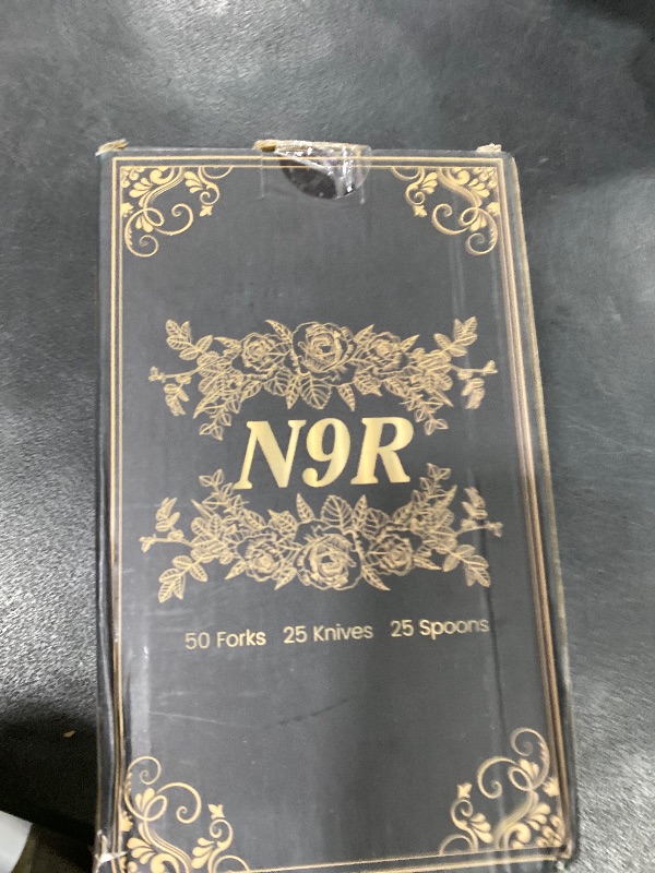 Photo 1 of N9R 100PCS Gold Plastic Silverware - Gold Plastic Cutlery Set Disposable Flatware Dinnerware -50 Forks, 25 Spoons, 25 Knives for Party, Birthday, Wedding