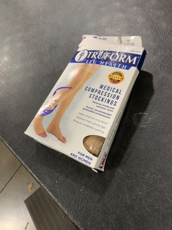 Photo 1 of Truform 20-30 mmHg Compression Stockings for Men and Women, Thigh High Length, Dot-Top, Open Toe, Beige, Medium