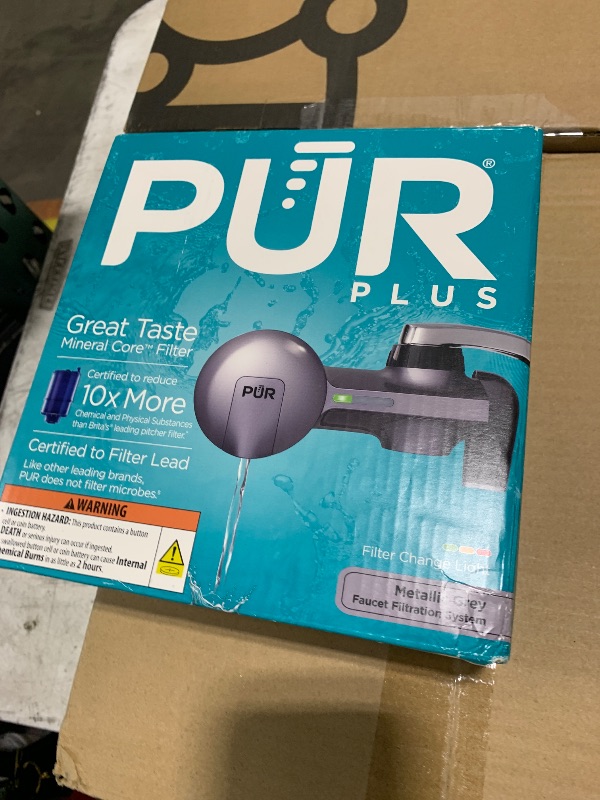 Photo 1 of PUR Plus Horizontal Faucet Mount Filtration System with 3-in-1 Lead Reducing Filter, Water Filter for Sink, Lasts 100 Gallons, Compatible with Sinks with External Aerators, Metallic Grey