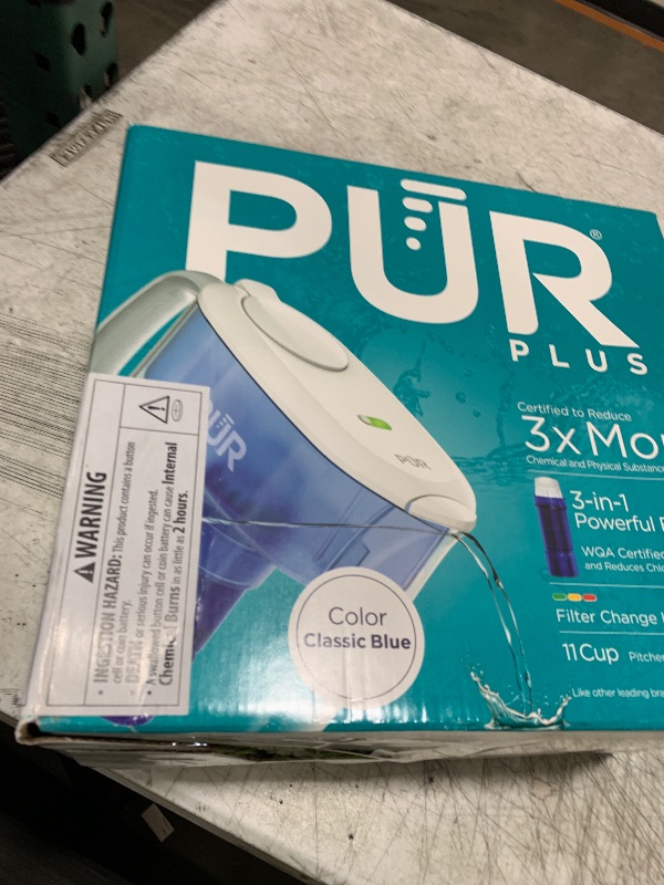 Photo 1 of PUR Plus 11-Cup Water Pitcher, 1 Lead-Reducing Filter, Cleaner, Great-tasting Water, Dishwasher Safe, Powerful Filtration, Filter Change Light Indicator, LockFit Cap Design - White