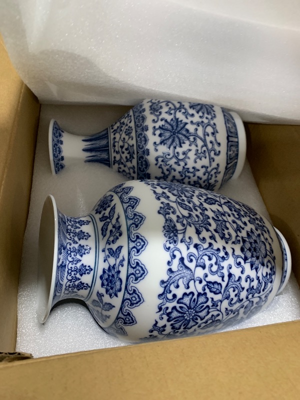 Photo 1 of Maxcheck 2 Pieces Porcelain Blue and White Vase 9 Inch Chinoiserie Vintage Ceramic Oriental Vase Chinese Handmade Classic Flower Decor for Home Office Bookshelf Table